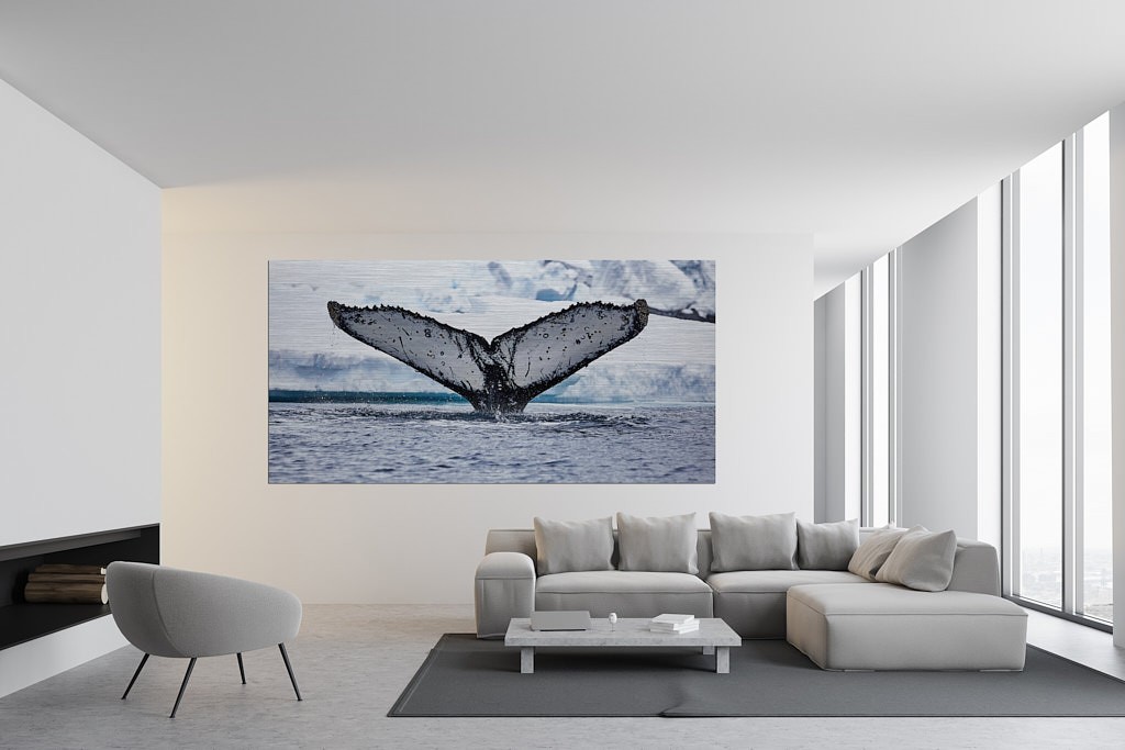 Fotokunstwerk in einem Wohnzimmer. Abgebildet ist eine glänzende Fluke eines Wals, die ins Wasser eintaucht.