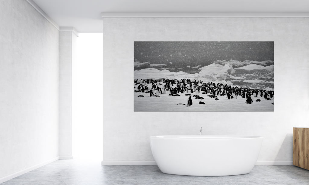 Ein Fotokunstwerk in einem Badezimmer mit vielen Pinguinen auf einer großen Schneefläche. Das Bild stammt aus der Antarktis.