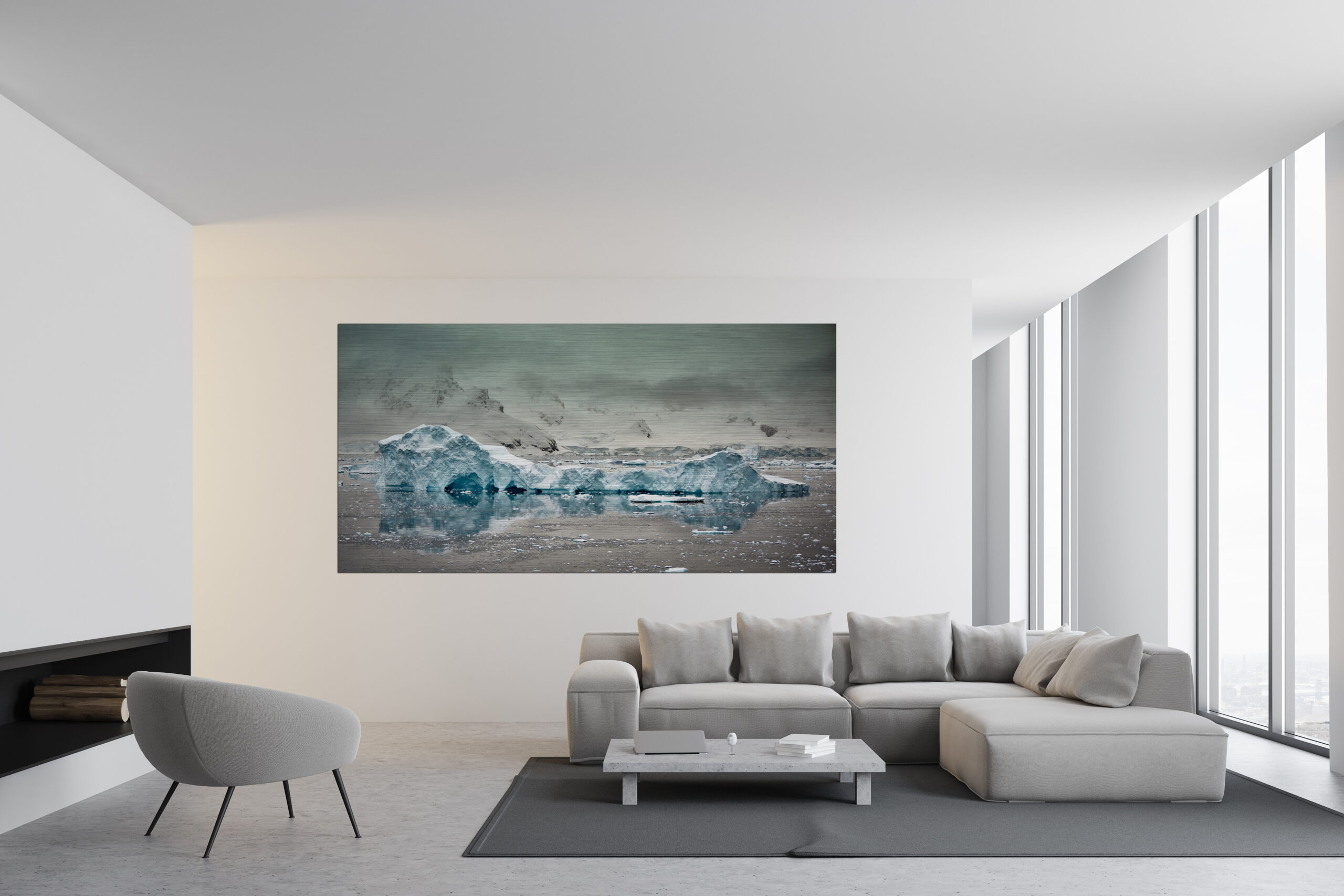 Ein Fotokunstwerk in einem Wohnzimmer, auf welchem ein Eisberg abgebildet ist.